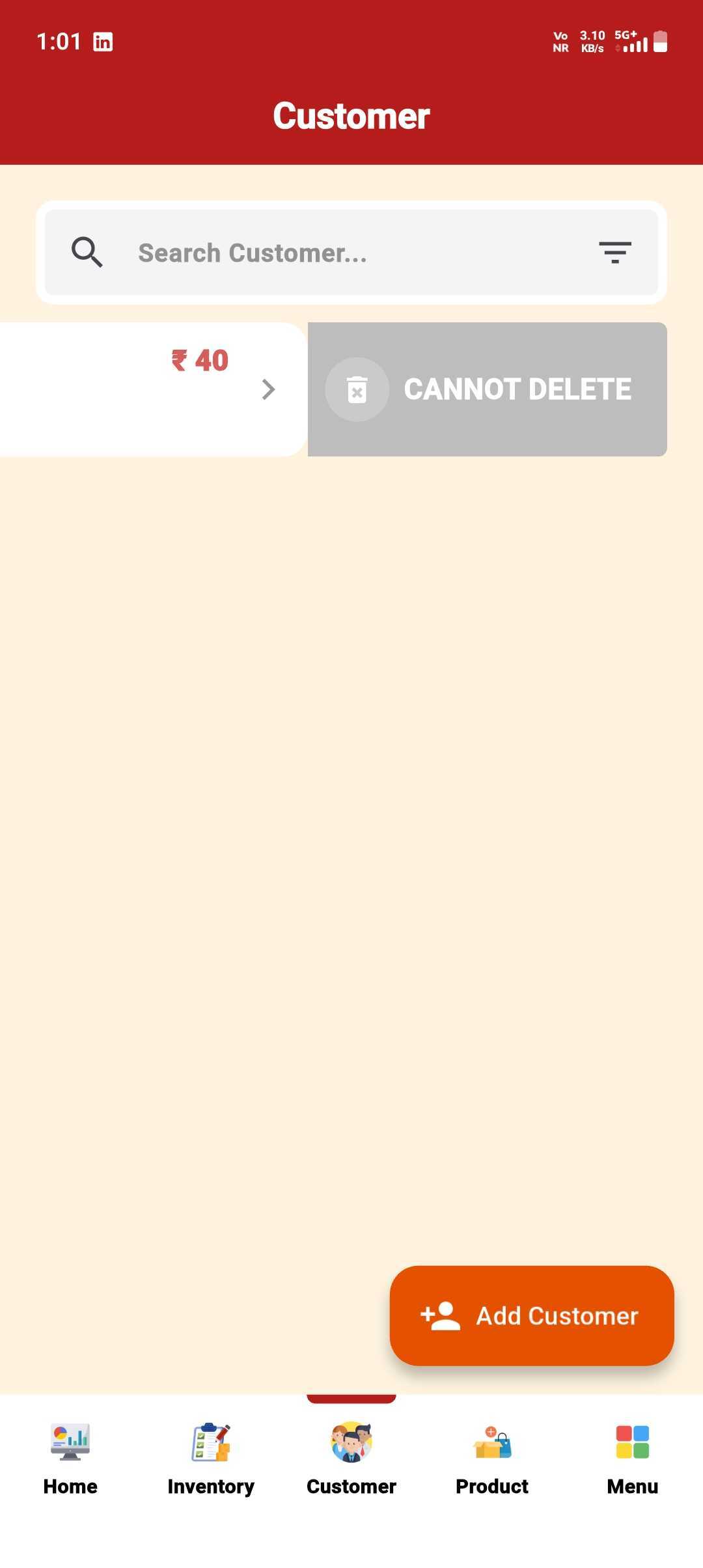 Delete a Customer — Unsettled Customer — Can't Delete — step 1: Swipe Shows "Cannot Delete"