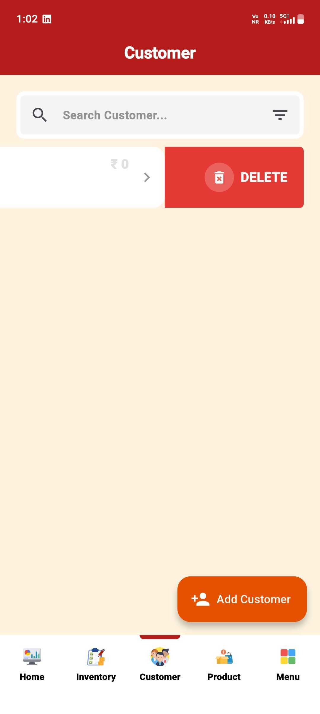 Delete a Customer — Settled Customer — Can Delete — step 1: Swipe to Delete