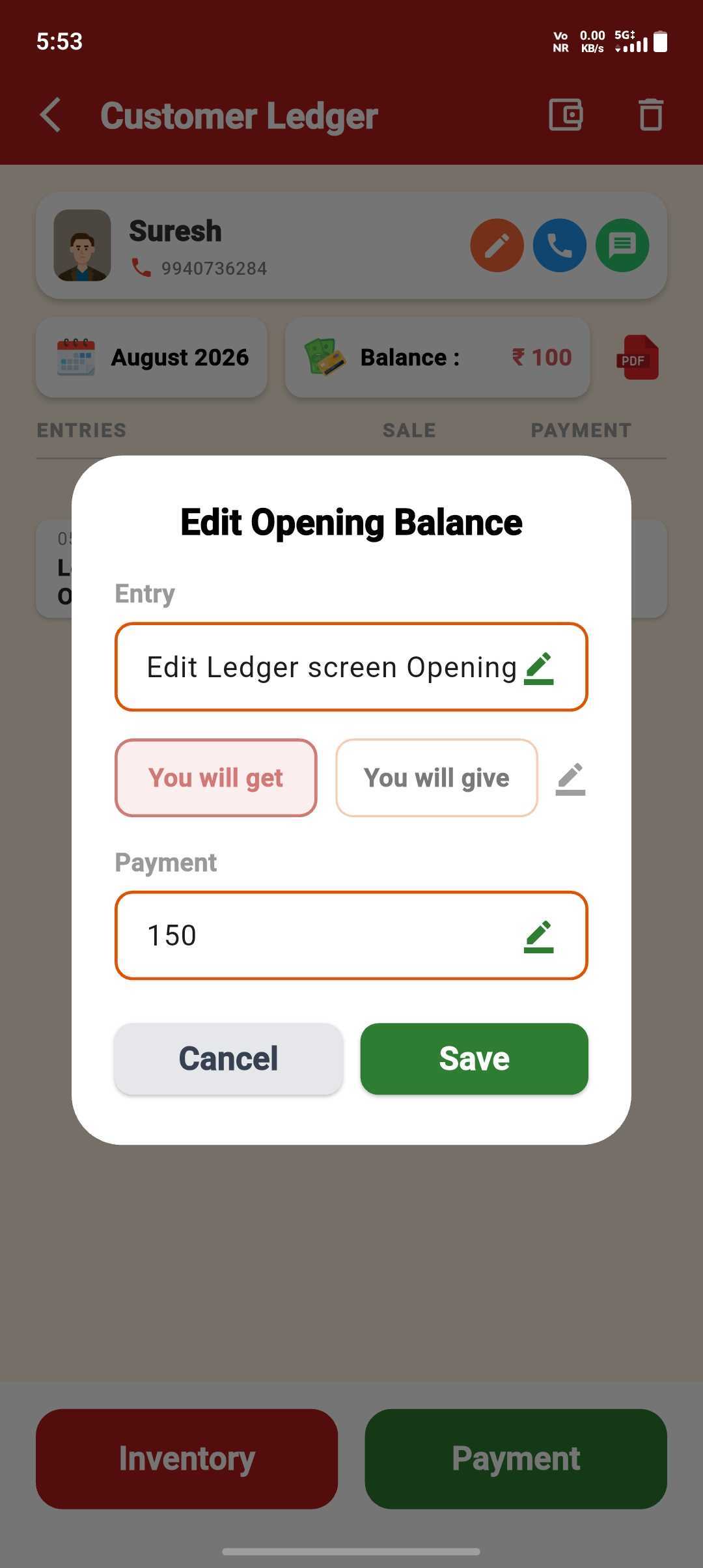 Customer Opening Balance — Customer Ledger Screen Opening Balance — step 6: Edit Anytime