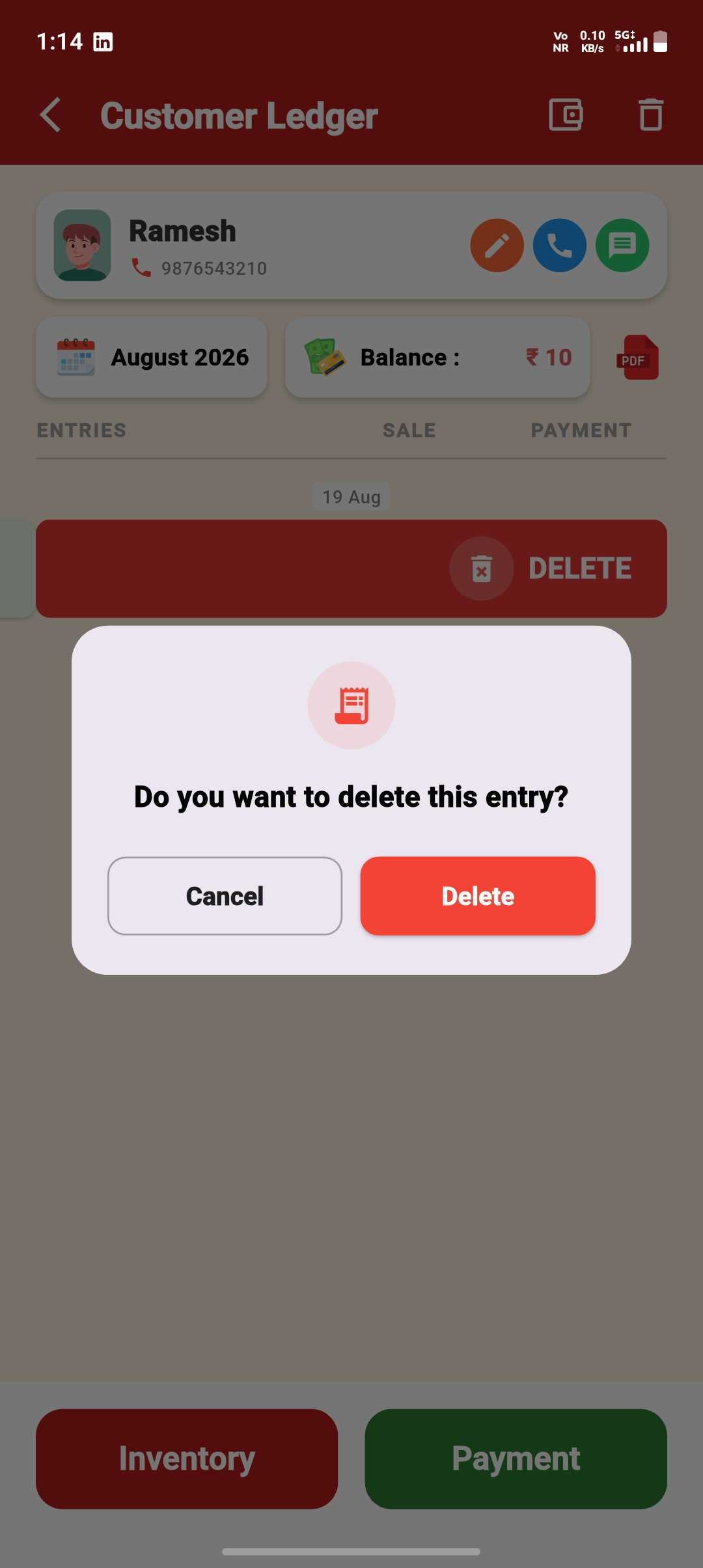 Delete a Sale Entry — step 2: Confirm the Delete