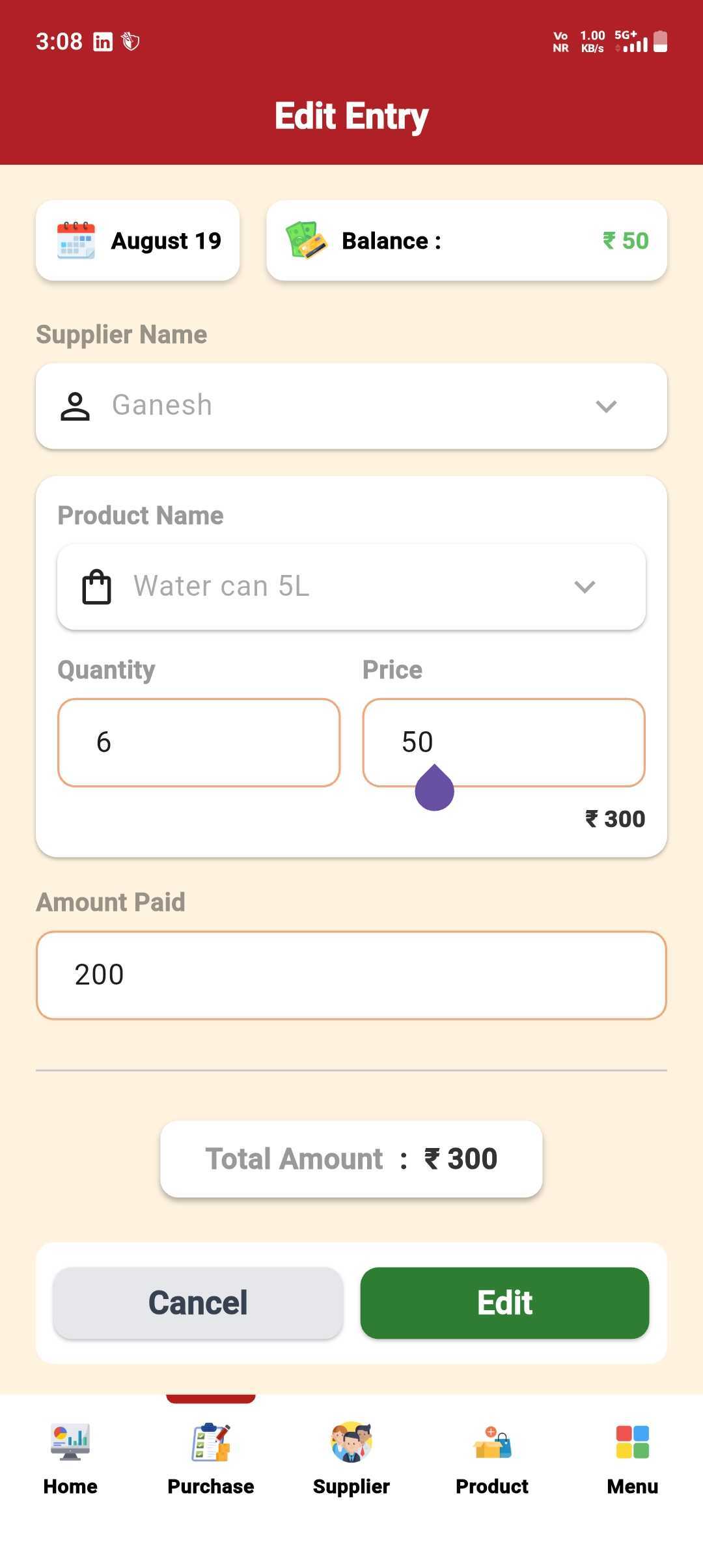 Record a Purchase for a Supplier — step 6: Edit Anytime