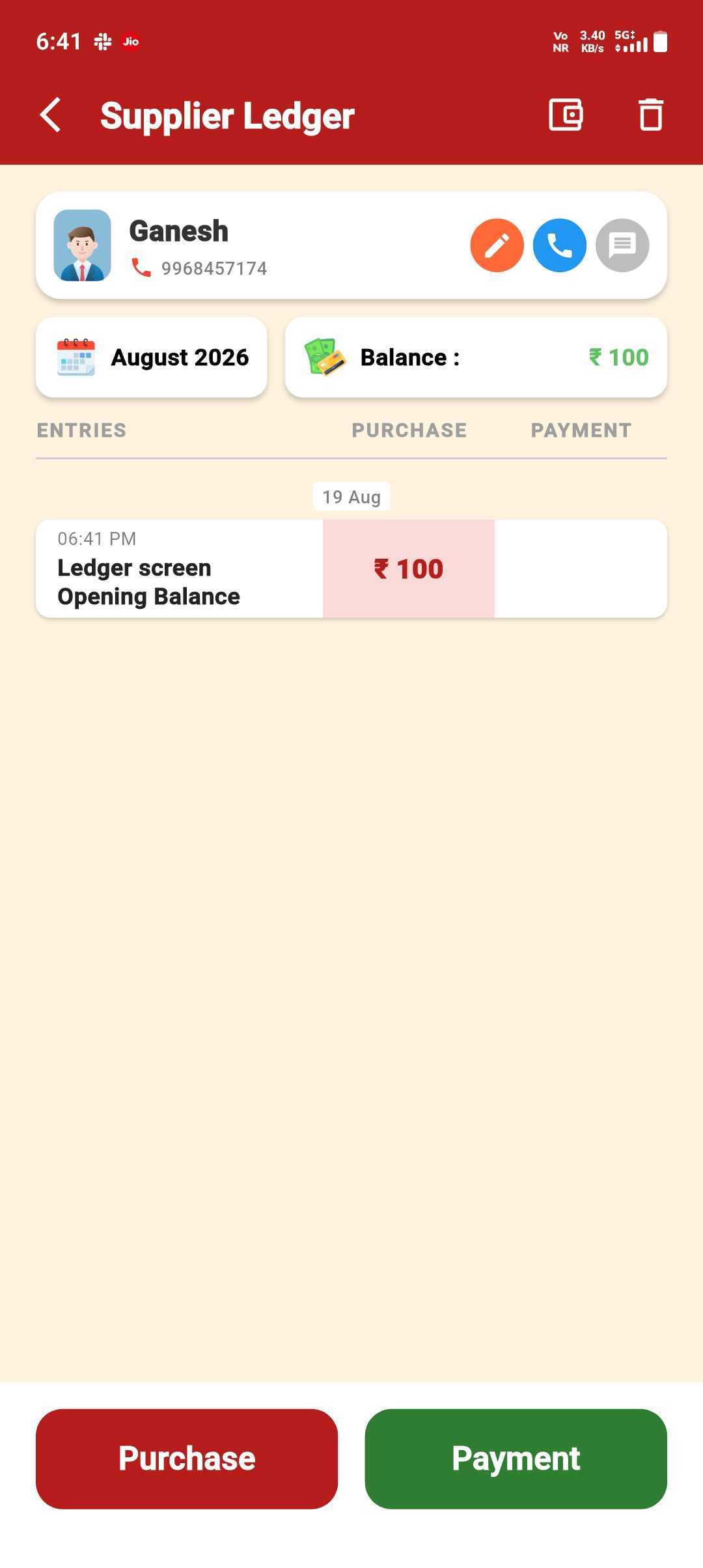 Supplier Opening Balance — Supplier Ledger Screen Opening Balance — step 5: Balance Updated